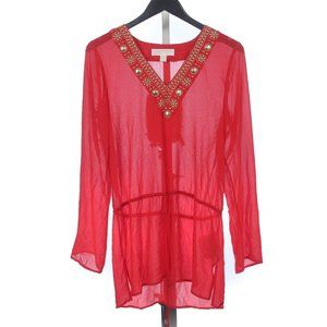 Michael Kors Chili Red Tunic embellished neckline Size: Small